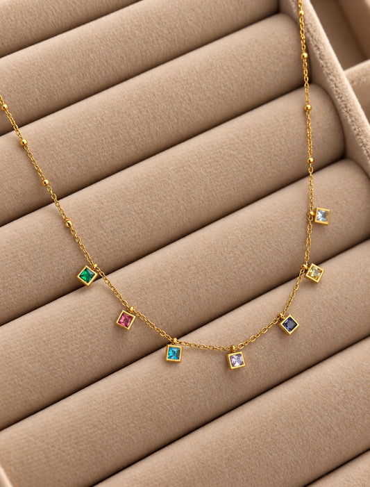 Multicolored Dainty Square charm  neckchain